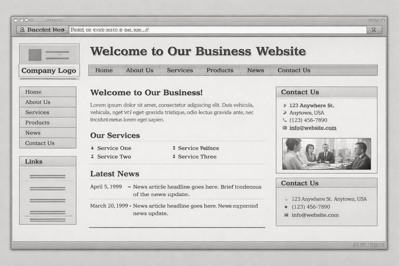 Outdated business website example: cluttered layout, basic typography, not mobile-friendly